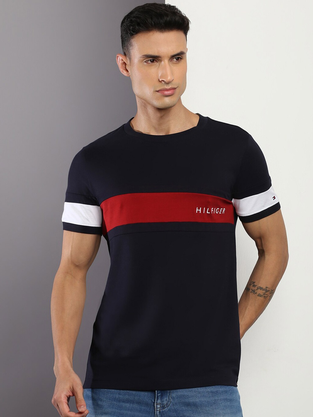 Tommy Hilfiger Typography Printed Slim Fit Cotton T-shirt, Navy blue