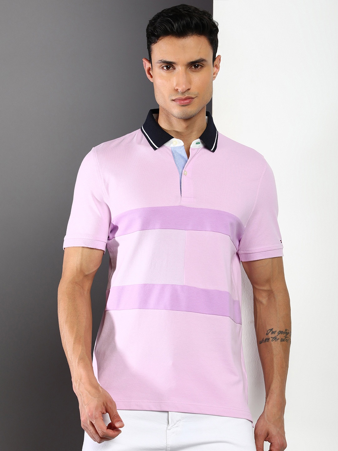 

Tommy Hilfiger Striped Polo Collar Cotton T-shirt, Purple
