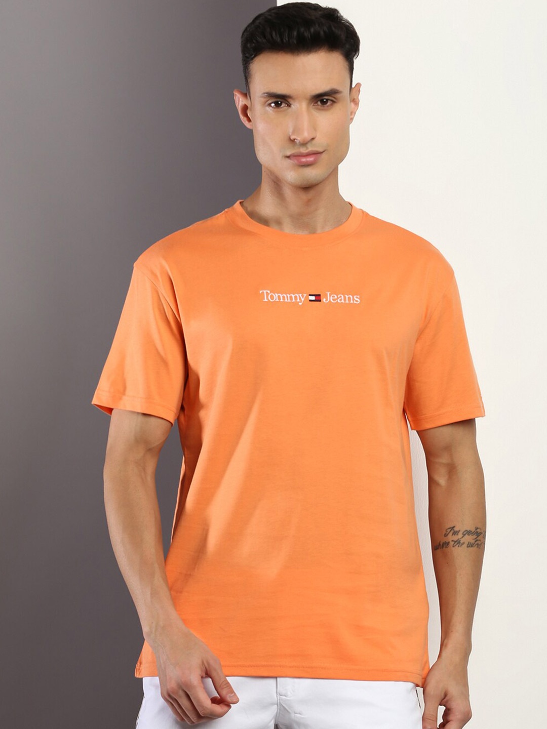 

Tommy Hilfiger Men Brand Logo Printed Cotton T-shirt, Orange