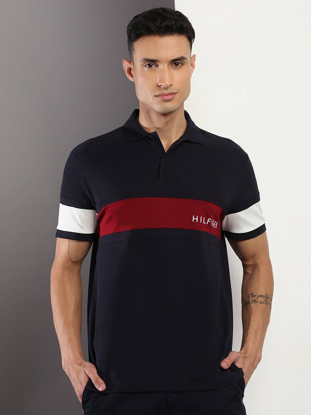 

Tommy Hilfiger Colourblocked Polo Collar Cotton T-shirt, Navy blue