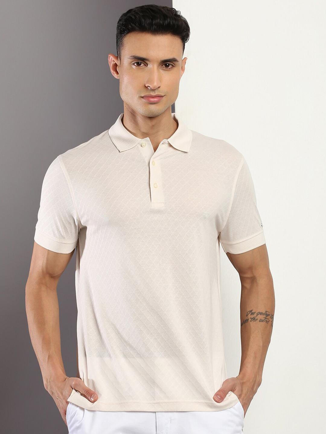 

Tommy Hilfiger Self Design Polo Collar Slim Fit T-shirt, Beige