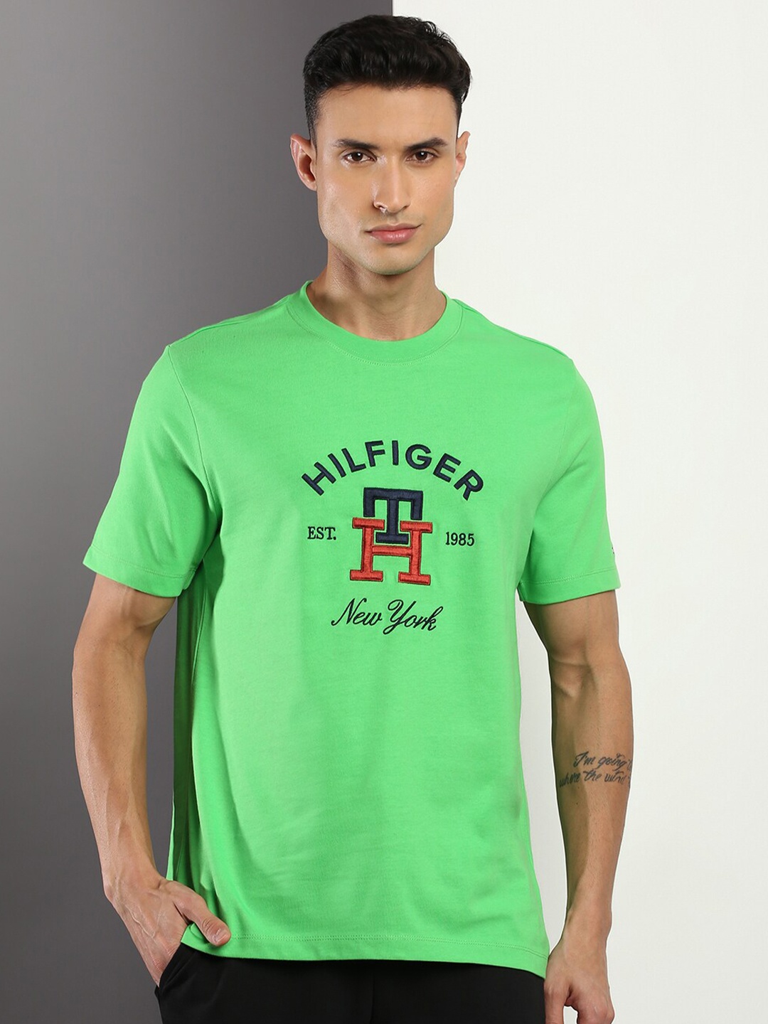 

Tommy Hilfiger Men Typography Printed Cotton T-shirt, Green