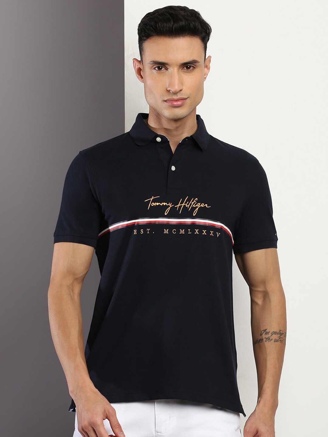 

Tommy Hilfiger Typography Printed Polo Collar Cotton T-shirt, Navy blue
