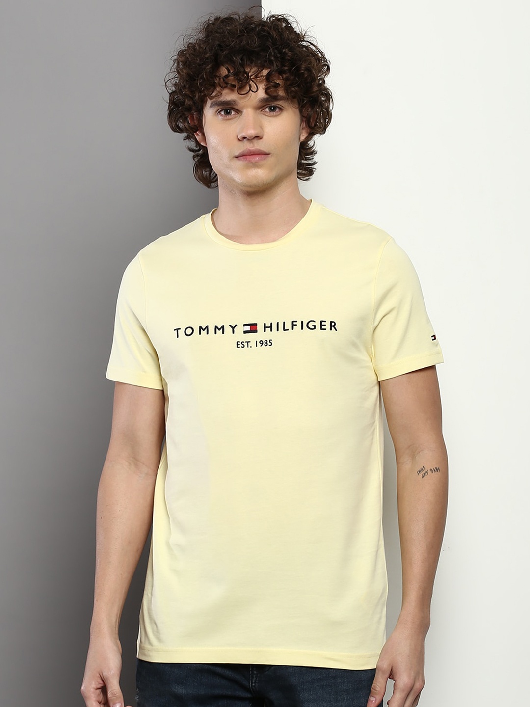 

Tommy Hilfiger Brand Logo Printed Round Neck Slim Fit Cotton T-shirt, Yellow