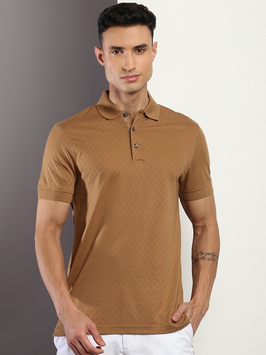 

Tommy Hilfiger Self Design Polo Collar Cotton Slim Fit T-shirt, Brown