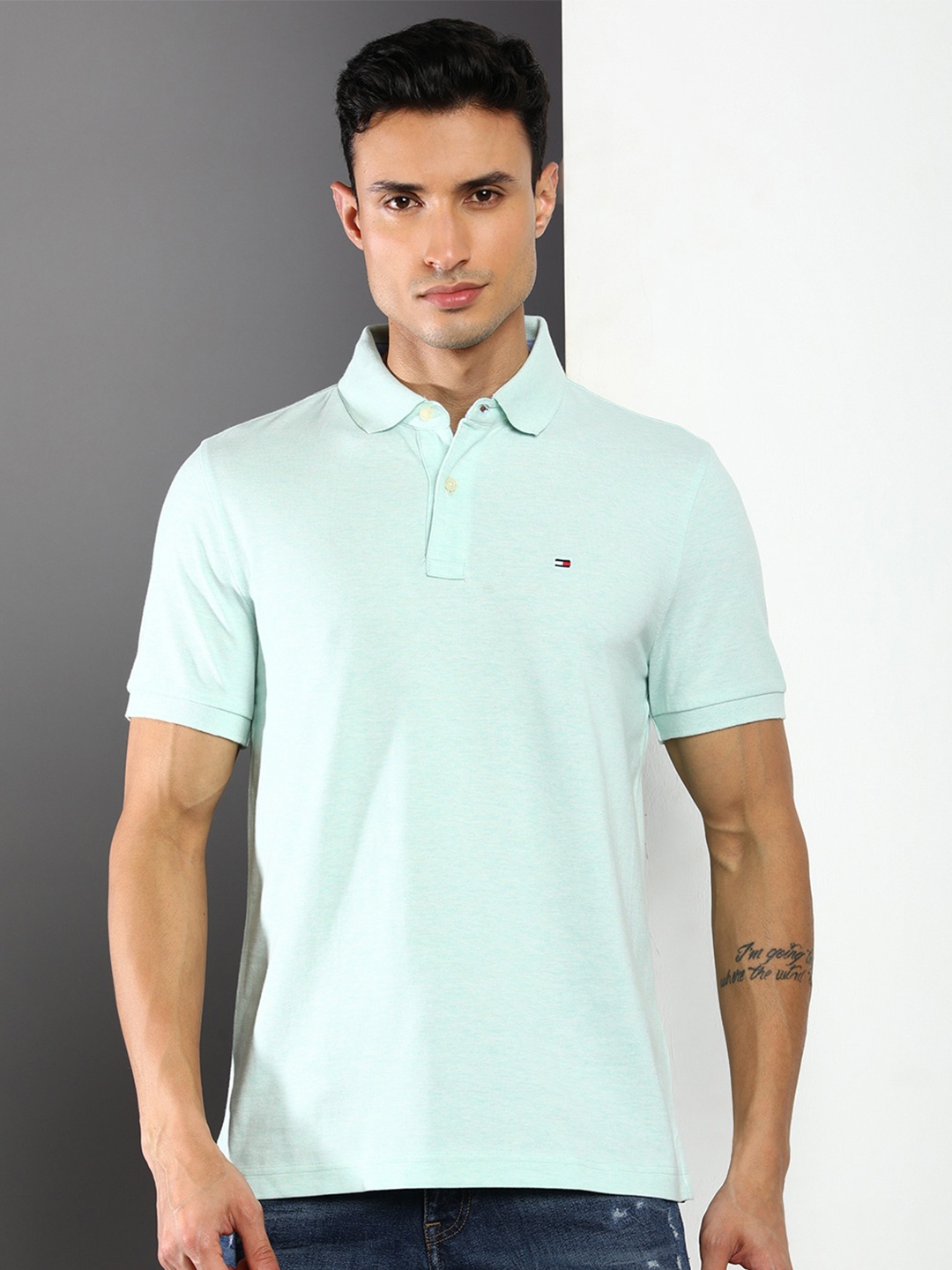 

Tommy Hilfiger Men Cotton Polo Collar T-shirt, Sea green