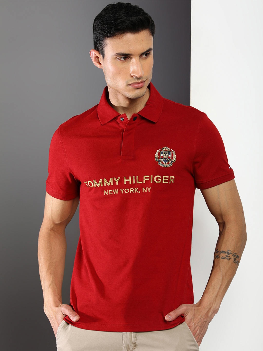 

Tommy Hilfiger Men Typography Cotton Polo Collar Slim Fit T-shirt, Red
