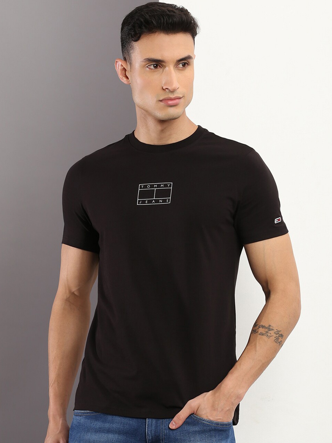 

Tommy Hilfiger Men Typography Printed Round Neck Slim Fit T-shirt, Black