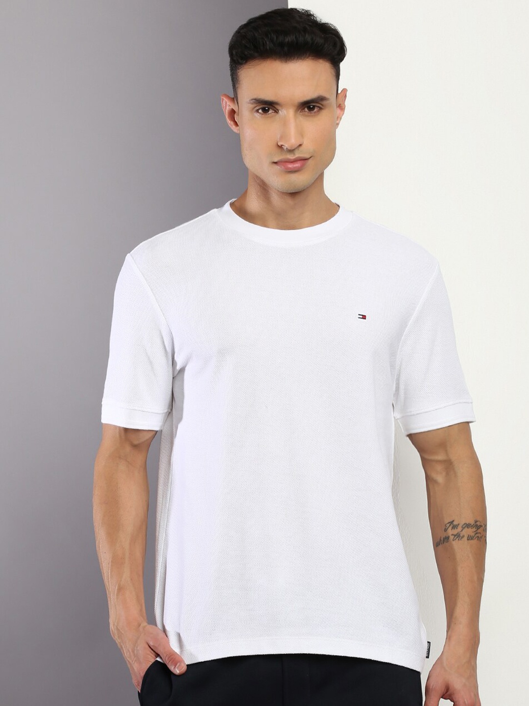 

Tommy Hilfiger Men Round Neck Cotton Sports T-shirt, White