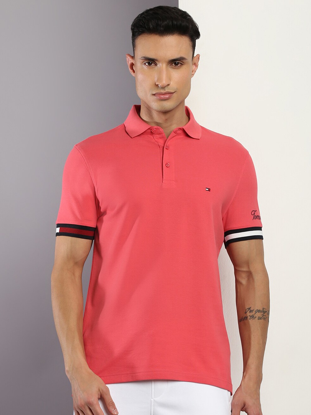 

Tommy Hilfiger Men Short Sleeves Polo Collar Sports T-shirt, Coral
