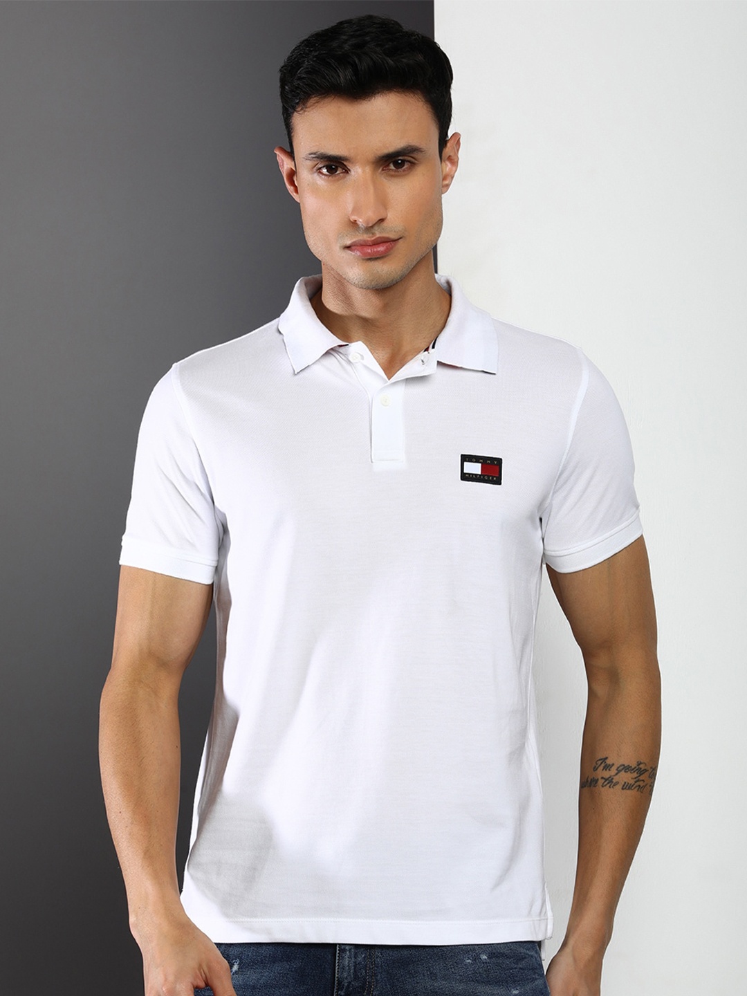 

Tommy Hilfiger Men Short Sleeves Cotton Polo Collar Slim Fit T-shirt, White