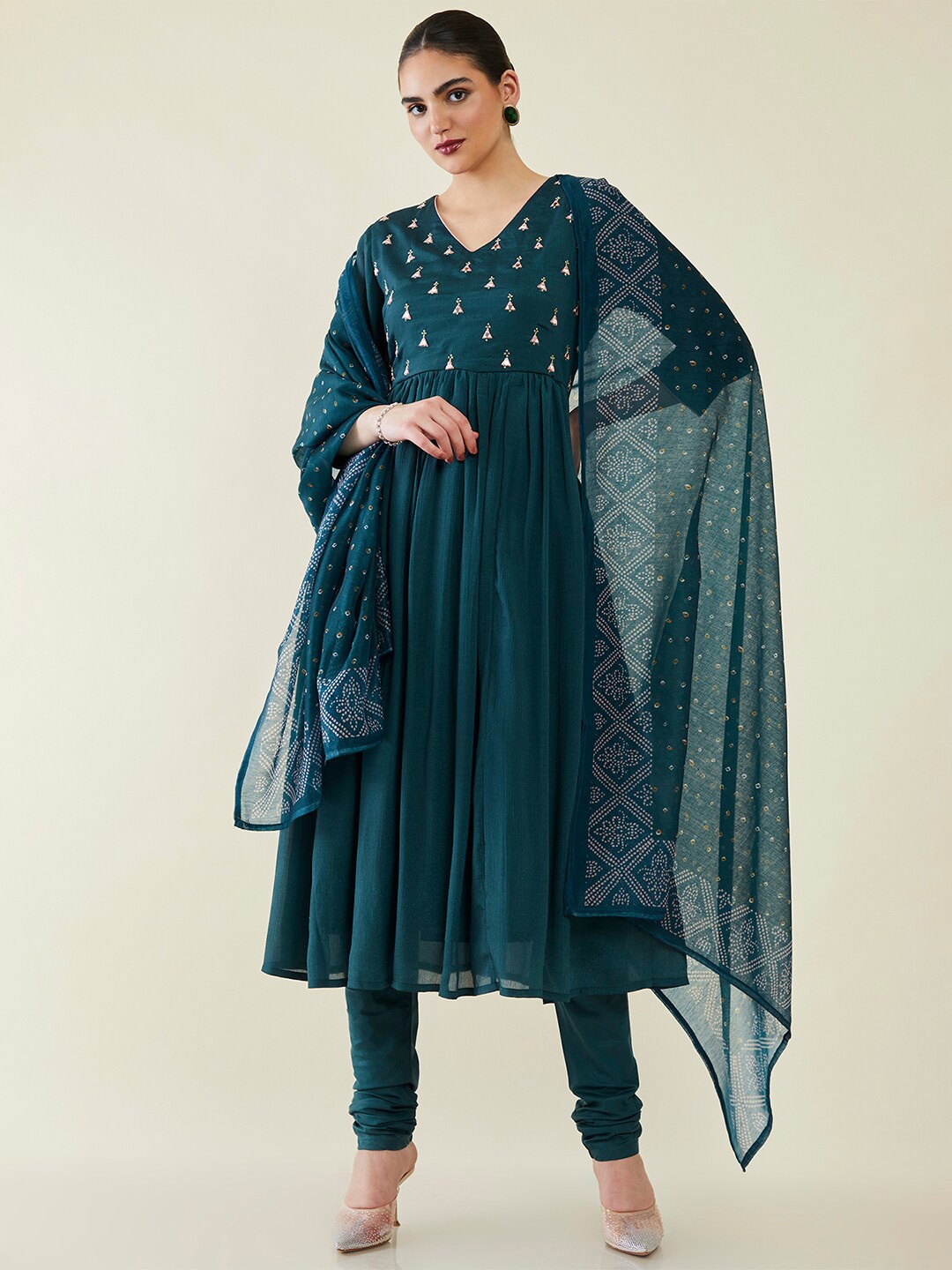 

Soch Floral Embroidered Mirror Work Kurta with Churidar & Dupatta, Teal