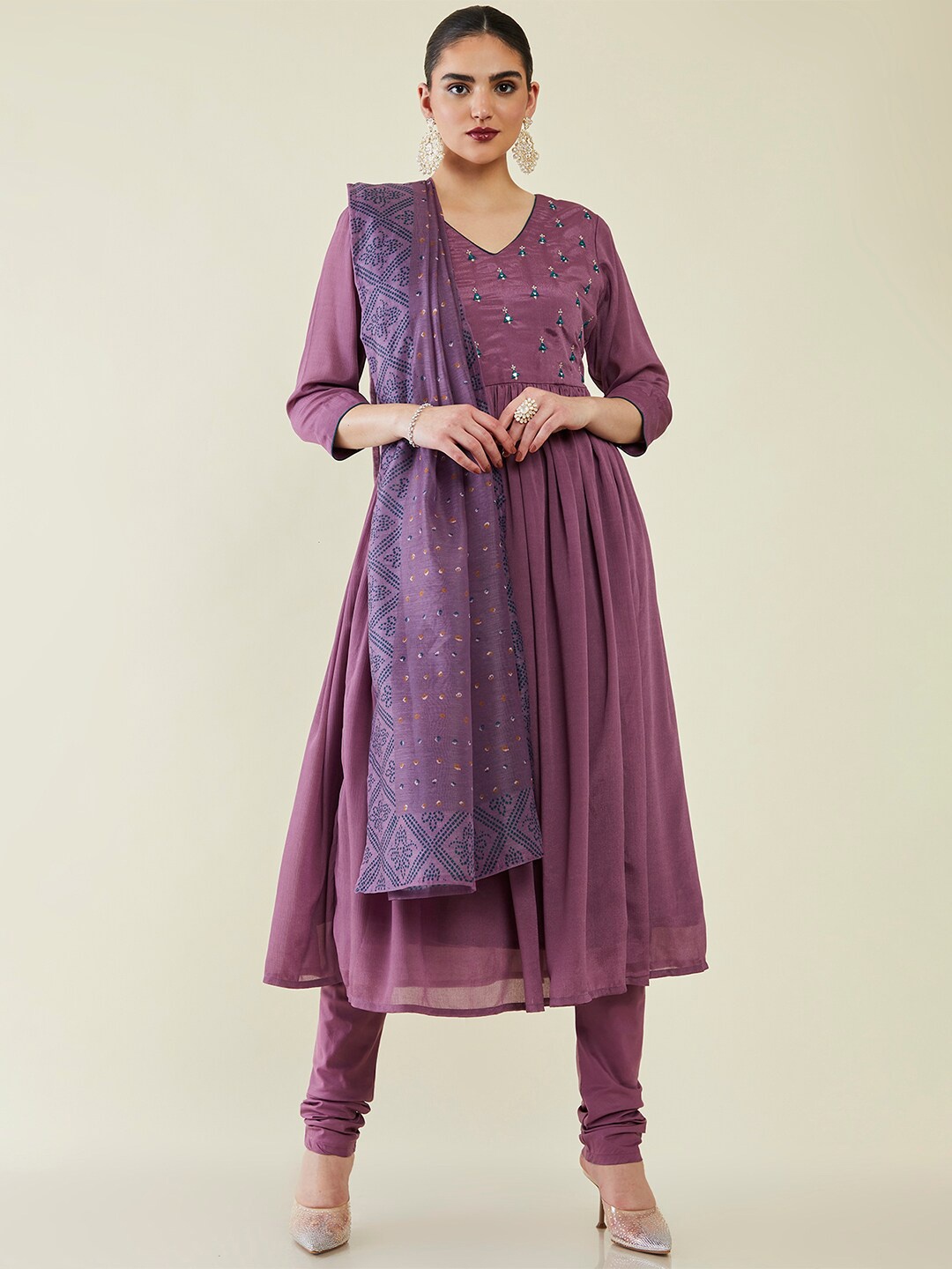 

Soch Floral Embroidered Mirror Work Collar Kurta with Churidar & Dupatta, Purple