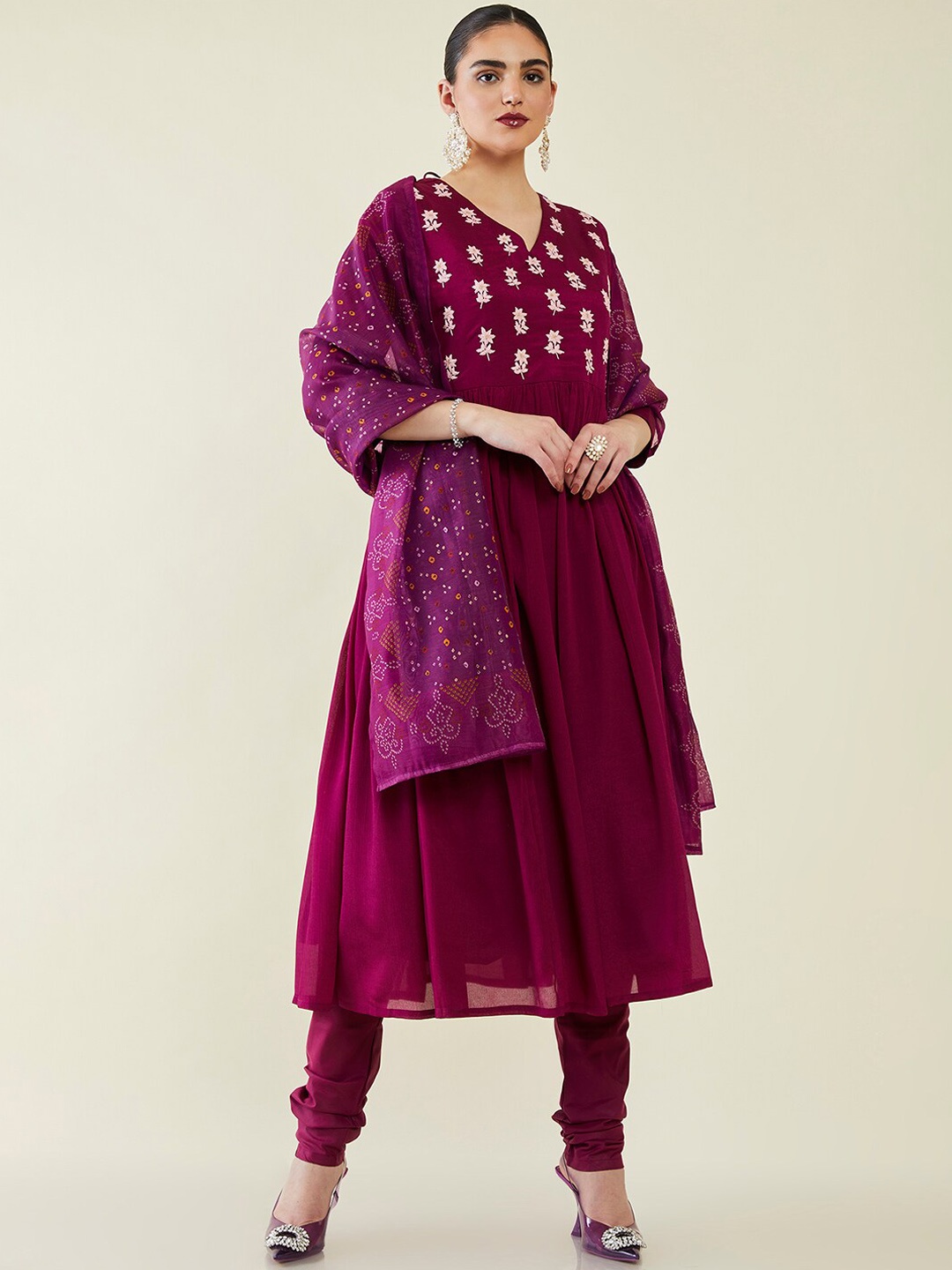 

Soch Embroidered Thread Work Kurta with Churidar & Dupatta, Maroon