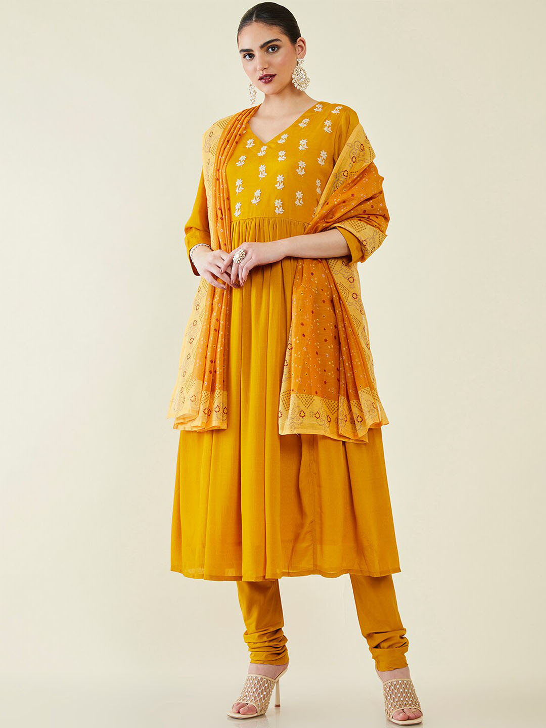 

Soch Floral Embroidered Thread Work Kurta with Churidar & Dupatta, Mustard