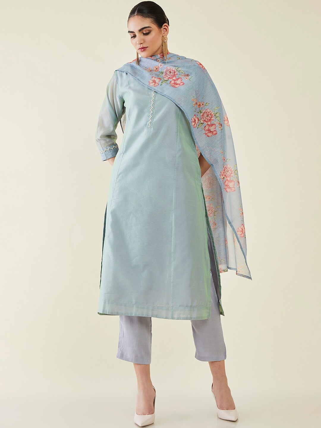 

Soch Thread Work Kurta with Trousers & Dupatta, Grey