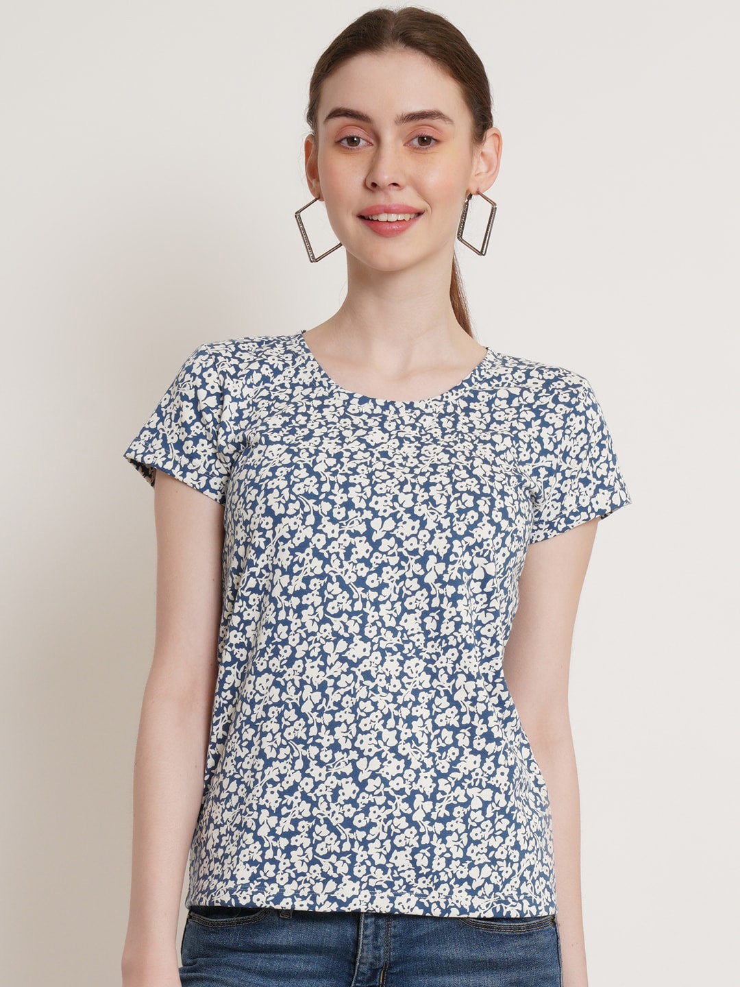 

Hive91 Floral Printed Cotton T-shirt, Blue