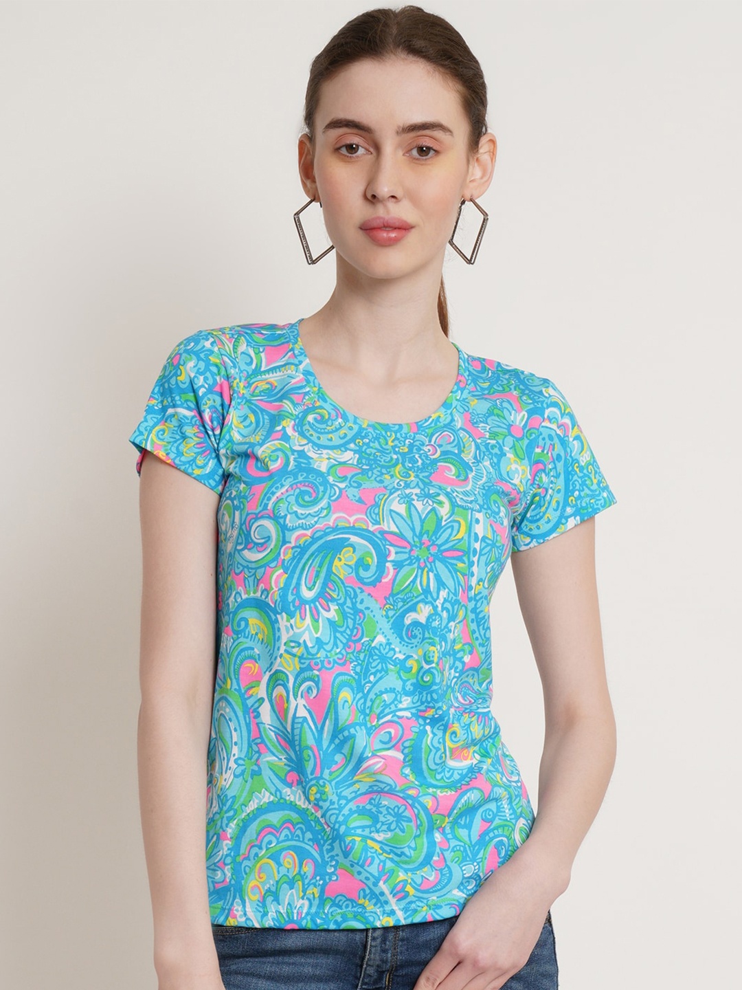 

Hive91 Floral Printed Slim Fit Cotton T-shirt, Blue
