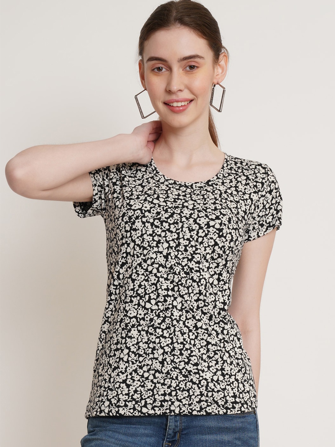 

Hive91 Floral Printed Cotton T-shirt, Black