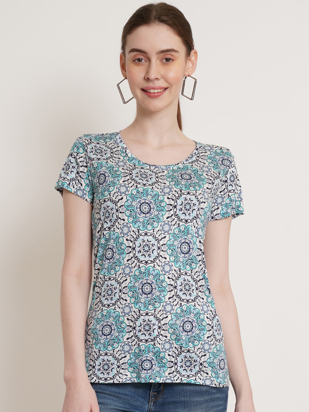 

Hive91 Floral Printed Cotton T-shirt, Blue