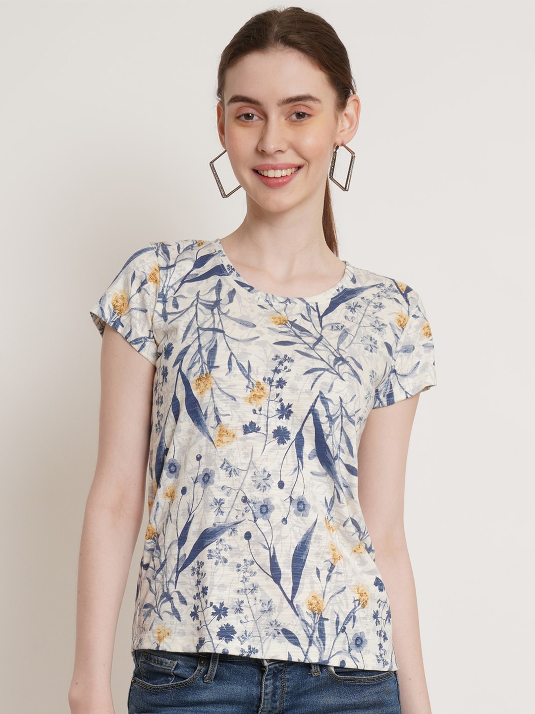 

Hive91 Floral Printed Round Neck Cotton T-shirt, Cream