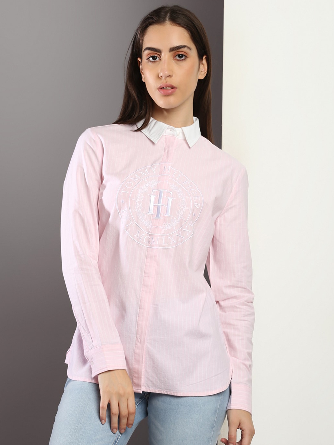 

Tommy Hilfiger Long Sleeves Embroidered Striped Cotton Shirt, Pink