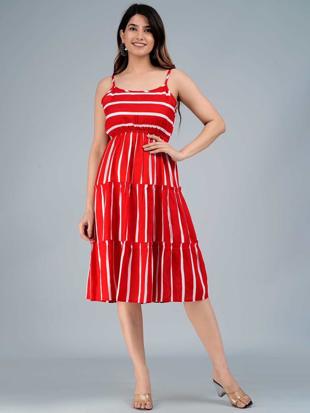

FABISTA Shoulder Straps Tiered Striped Kurta, Red