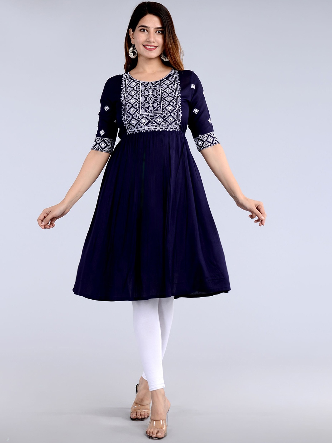 

FABISTA Geometric Embroidered A-Line Kurta, Navy blue