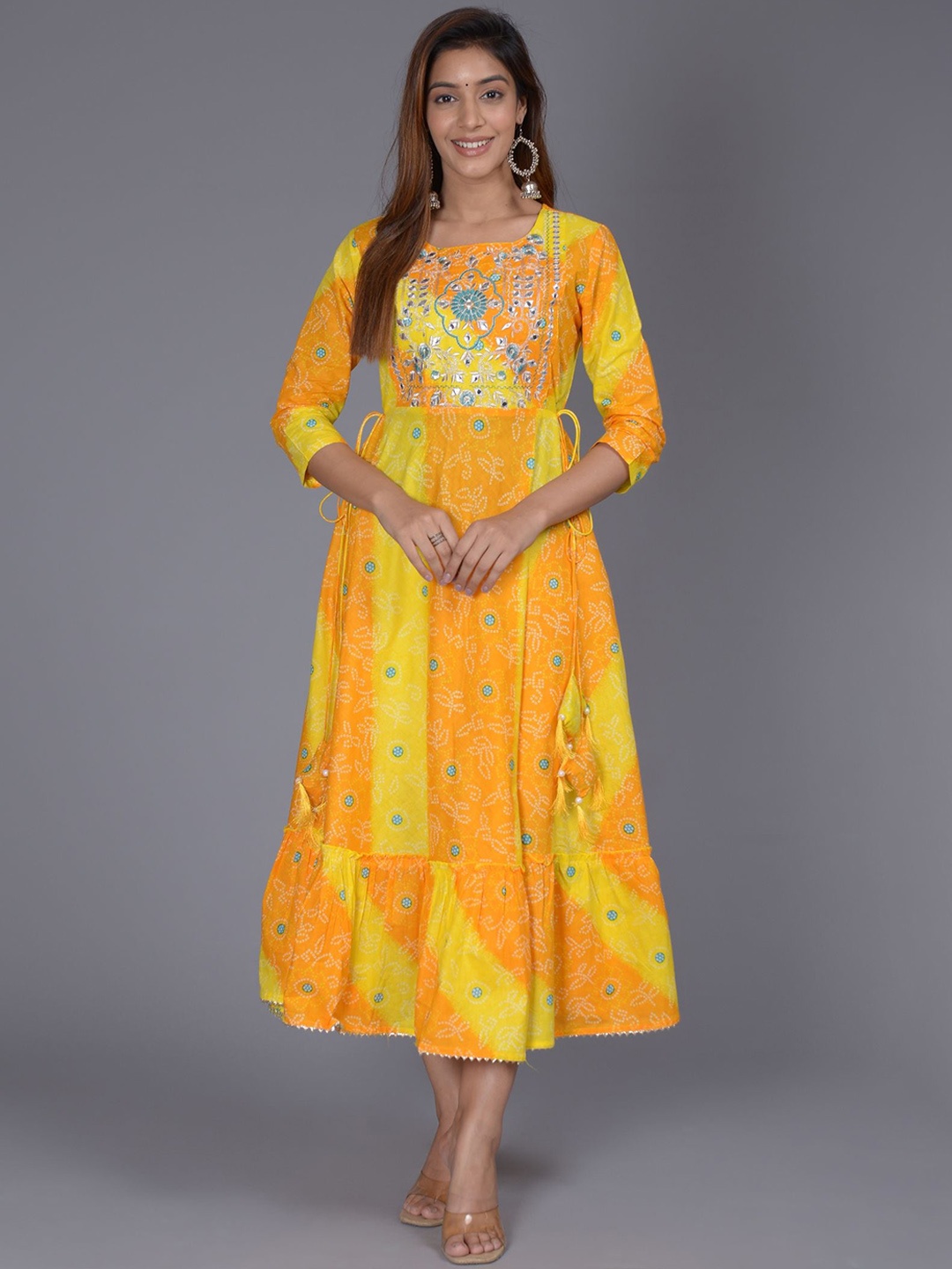 

FABISTA Bandhani Printed Gota Patti Pure Cotton Midi Ethnic Dress, Yellow