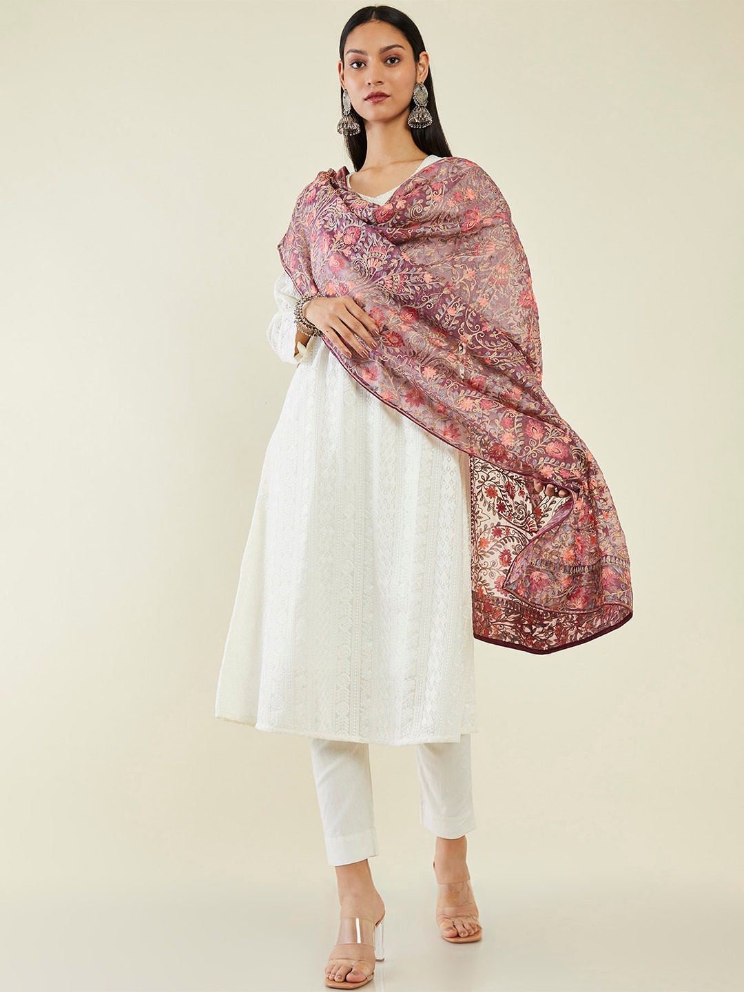 

Soch Printed Organza Dupatta With Mukaish, Maroon