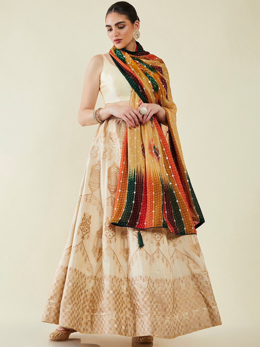 

Soch Printed Viscose Rayon Bandhani Dupatta with Beads and Stones, Mustard