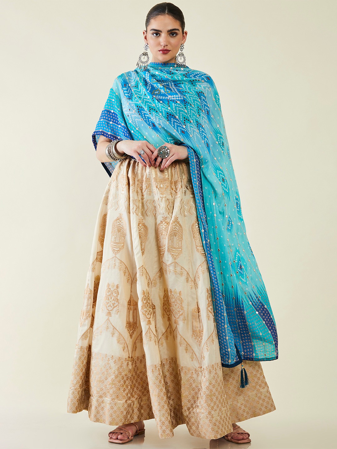 

Soch Printed Viscose Rayon Bandhani Dupatta with Beads and Stones, Blue