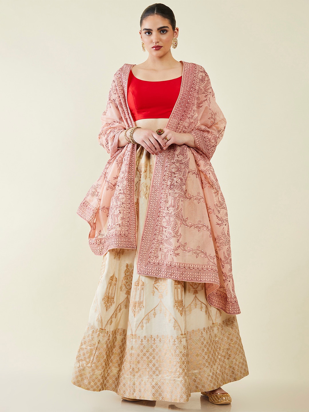 

Soch Cotton Blend Ethinic Embroidered Dupatta, Peach