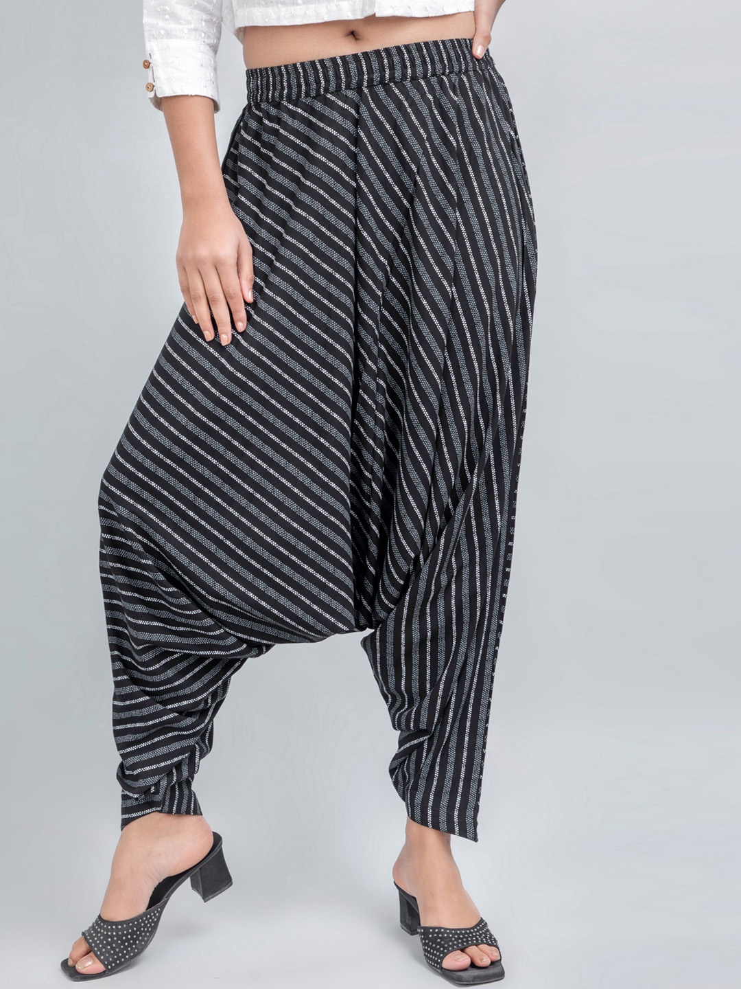 

fabGLOBAL Women Striped Loose Fit Drop Crotch Trousers, Black