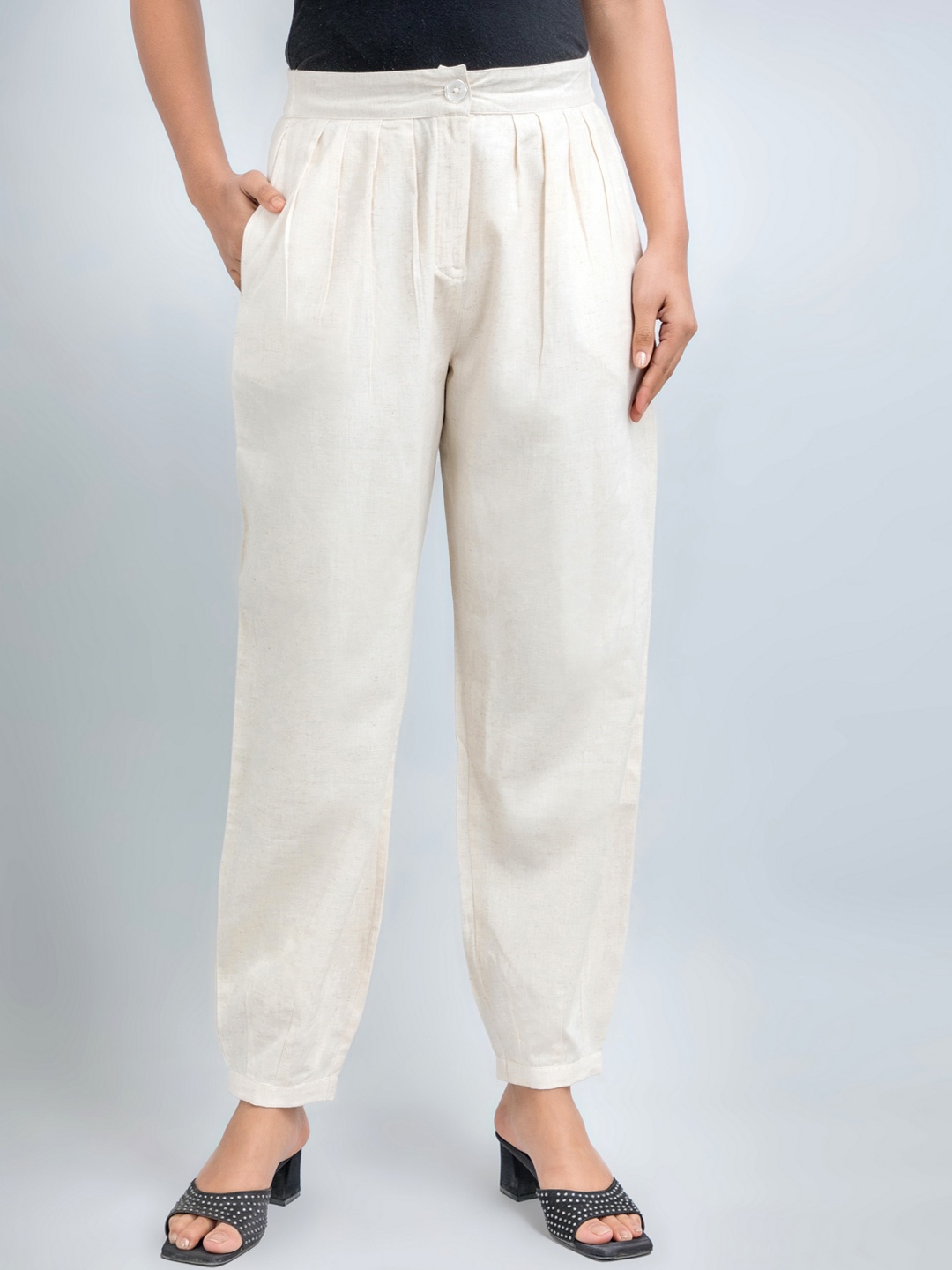 

fabGLOBAL Women Mid Rise Loose Fit Cotton Pleated Joggers, Cream