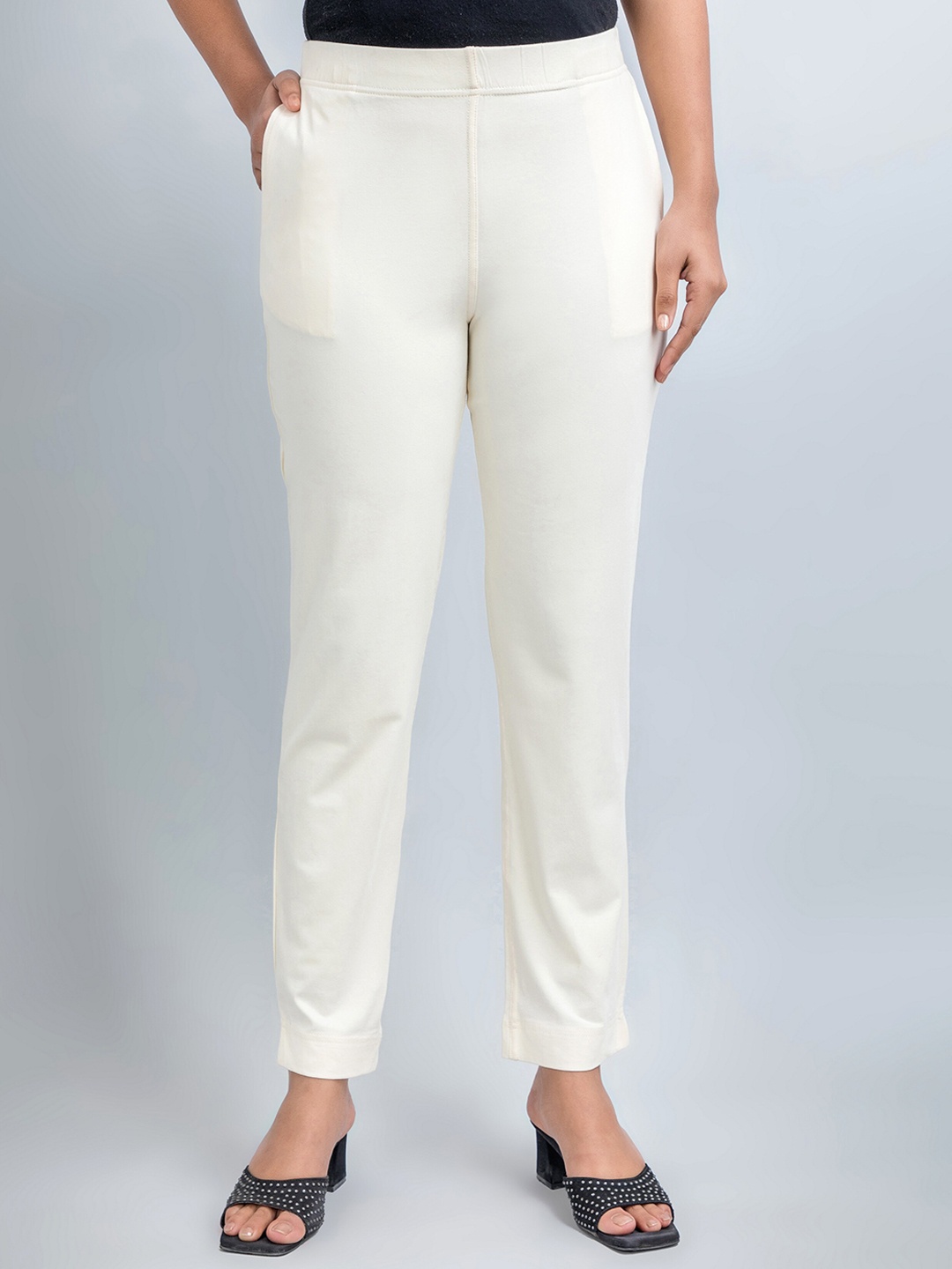 

fabGLOBAL Women Mid Rise Slim Fit Cotton Trousers, Cream