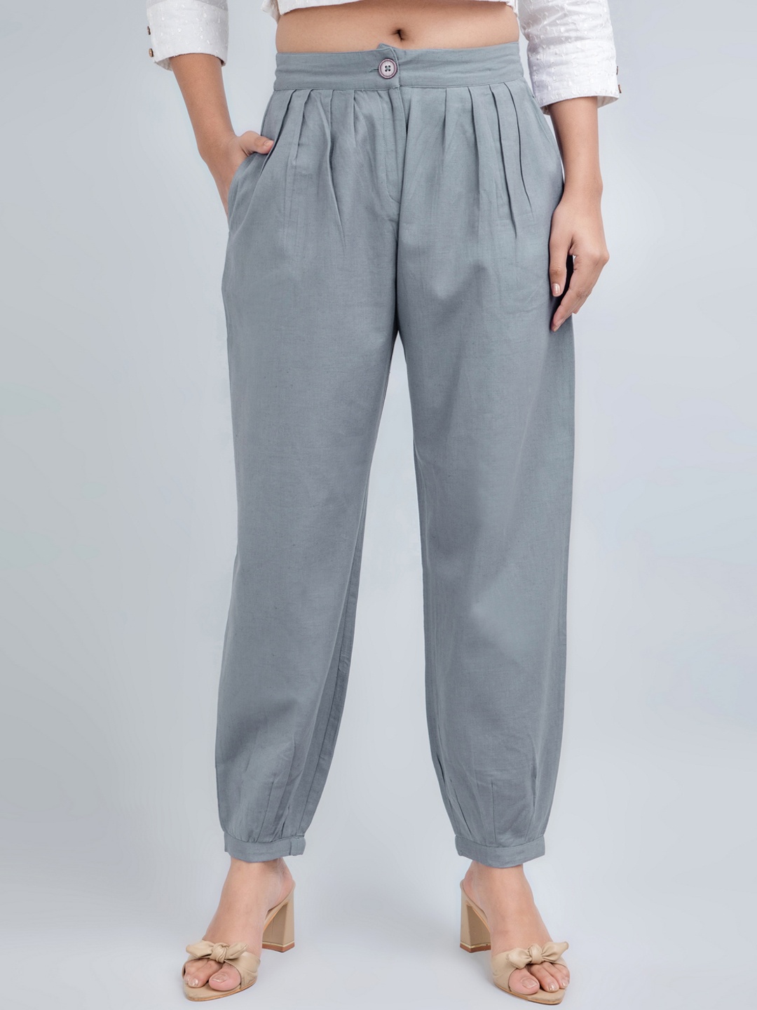 

fabGLOBAL Women Loose Fit Pleated Cotton Joggers, Grey