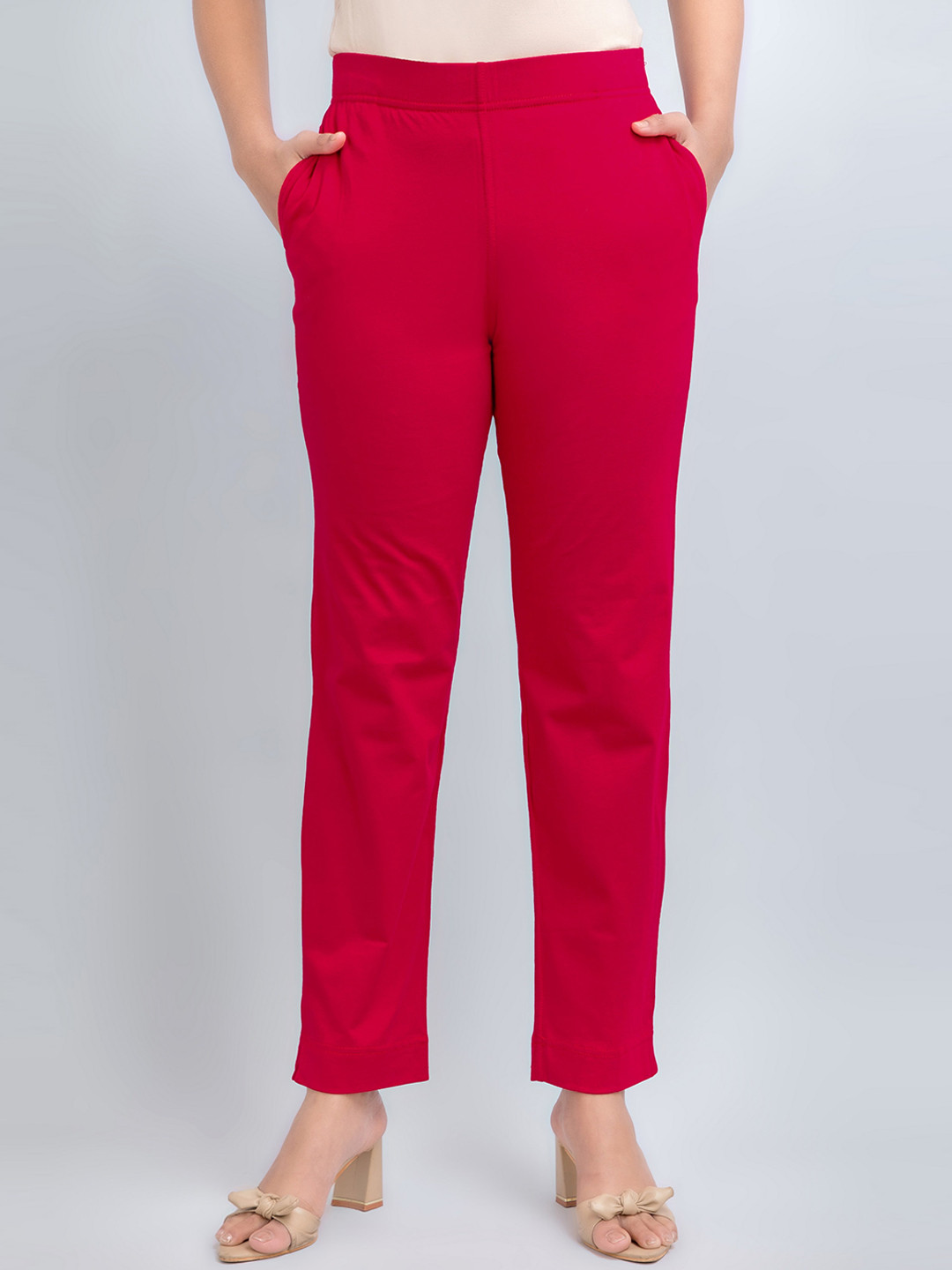 

fabGLOBAL Women Cotton Slim Fit Trousers, Red