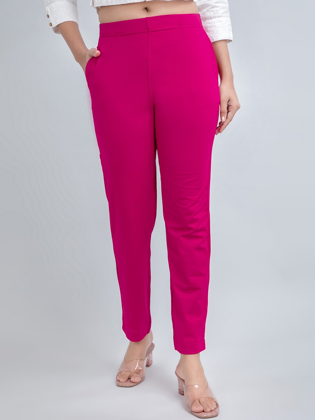 

fabGLOBAL Women Slim Fit Mid-Rise Cotton Trousers, Pink