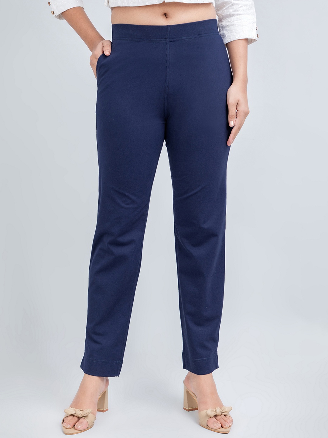 

fabGLOBAL Women Slim Fit Mid-Rise Cotton Trousers, Navy blue