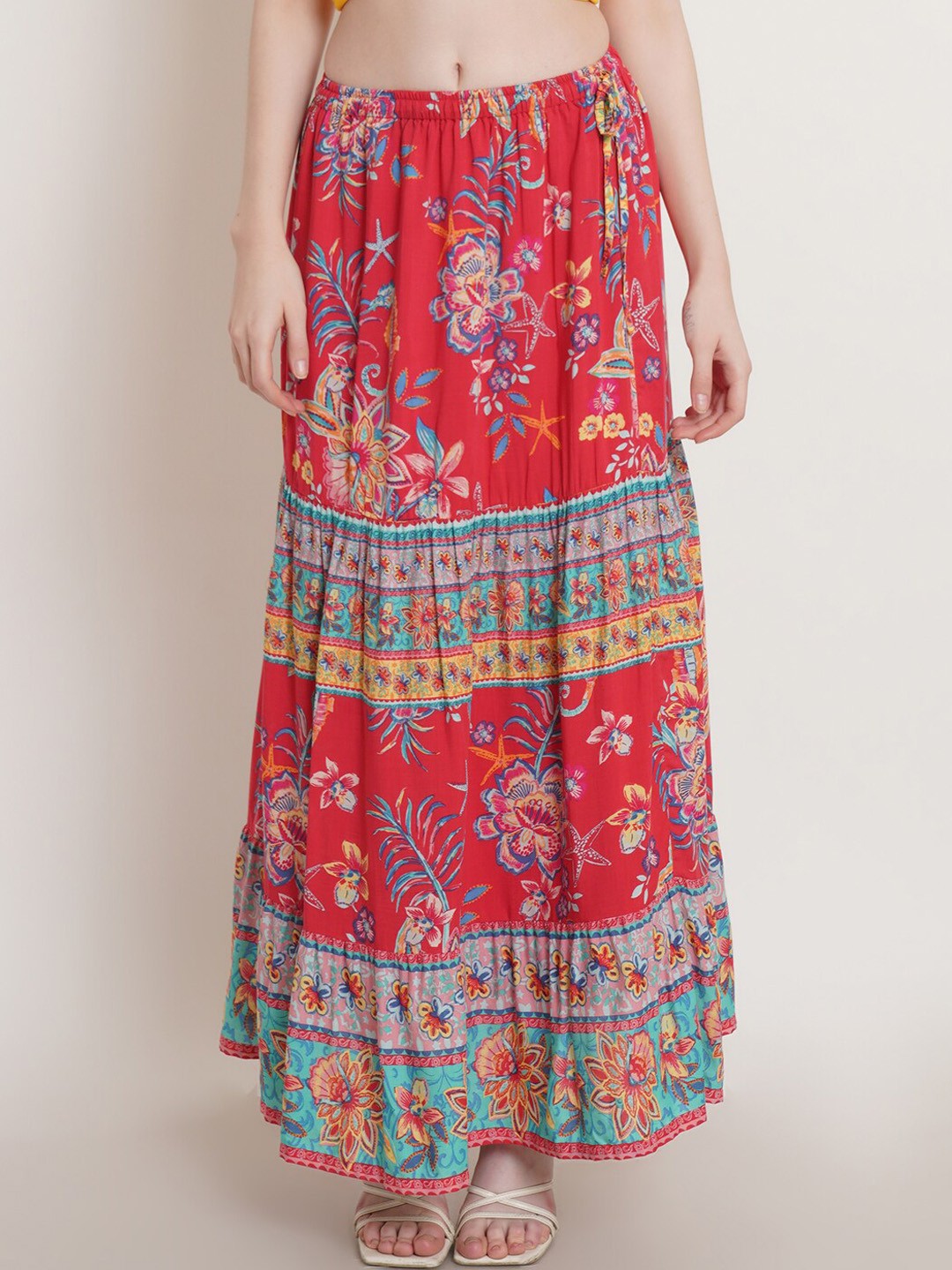 

Hive91 Printed A-Line Maxi Flared Skirt, Red