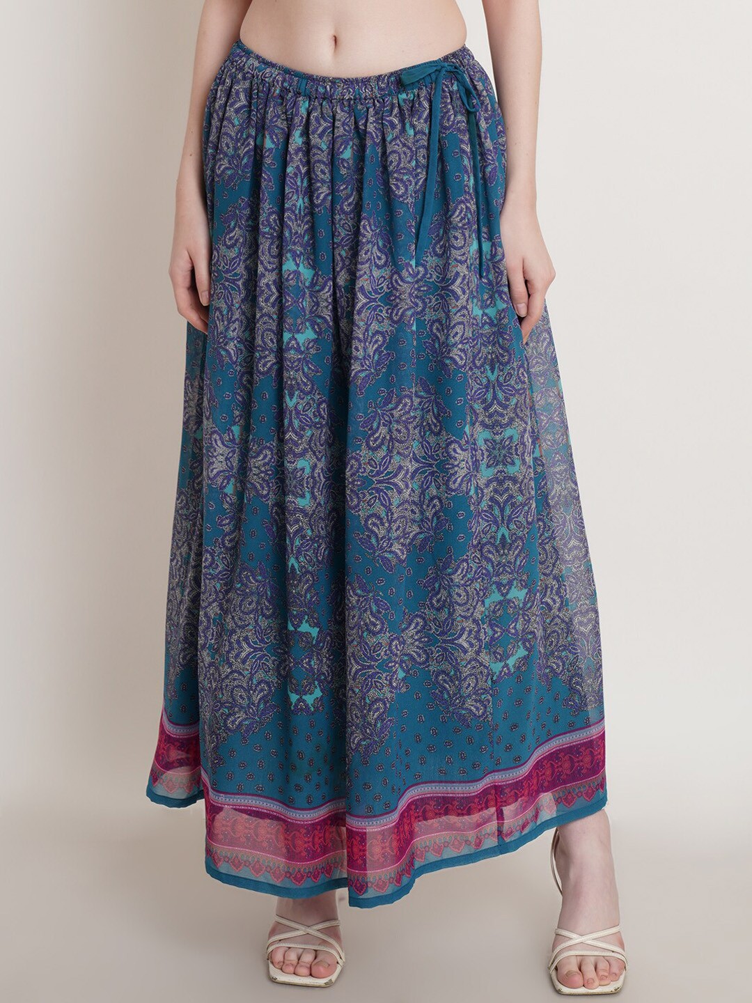

Hive91 Floral Printed Georgette A-Line Maxi Skirts, Blue