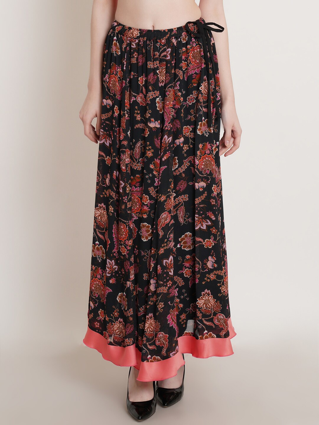 

Hive91 Floral Printed A-Line Maxi Skirts, Black