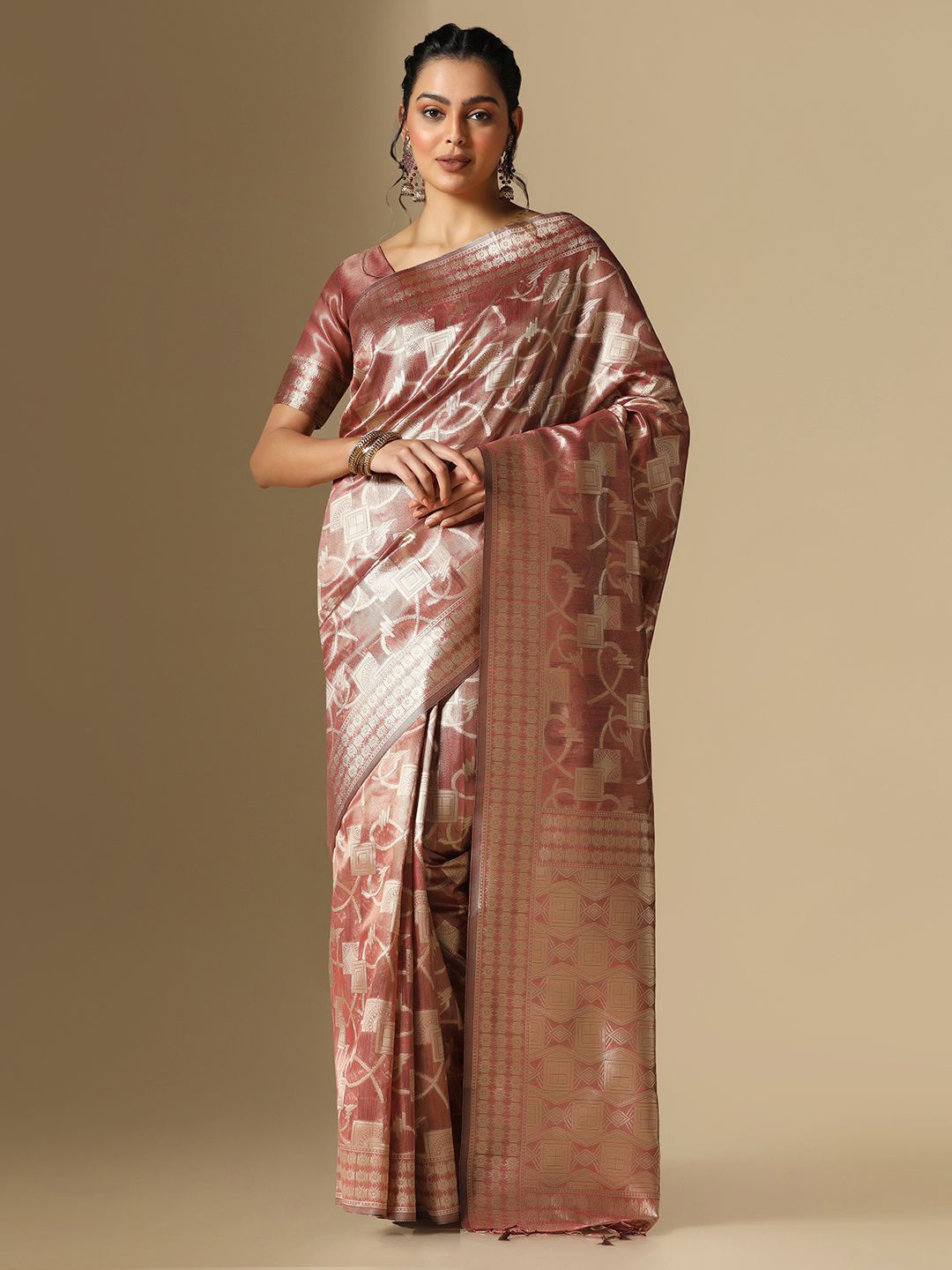 

Satrani Woven Design Zari Banarasi Saree, Pink