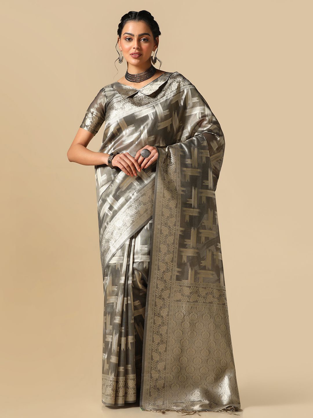 

Satrani Woven Design Zari Banarasi Saree, Grey
