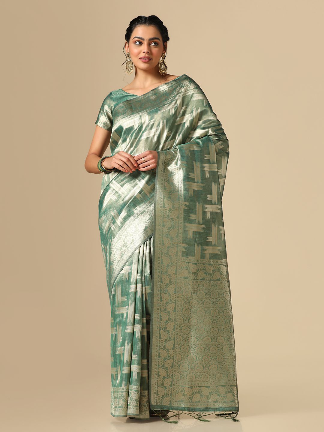 

Satrani Woven Design Zari Banarasi Saree, Green