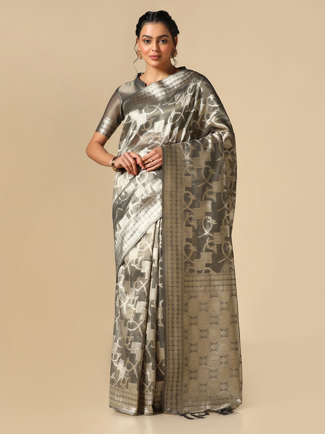 

Satrani Geometric Woven Design Zari Banarasi Saree, Grey