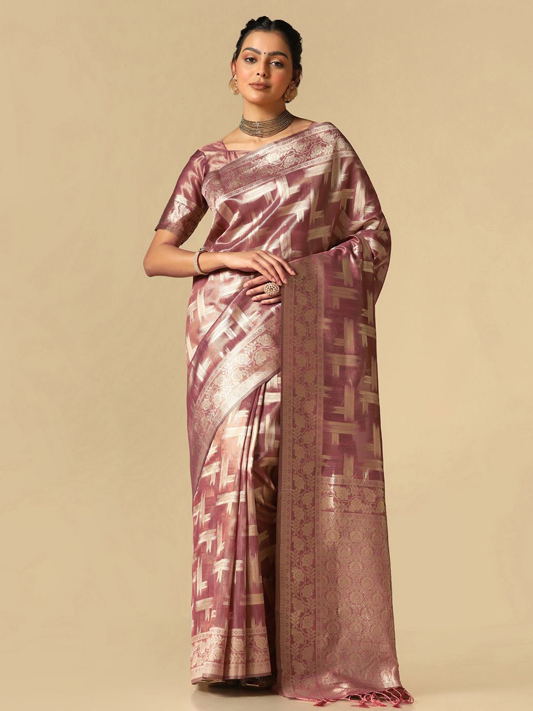 

Satrani Geometric Motif Woven Design Zari Banarasi Saree, Brown