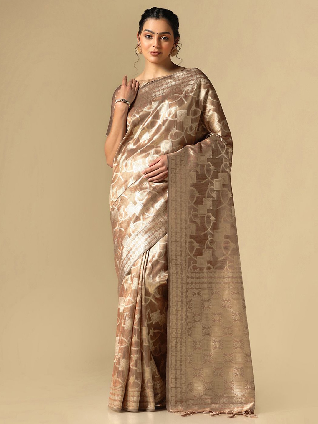 

Satrani Geometric Woven Design Zari Banarasi Saree, Brown
