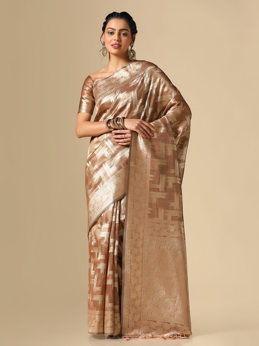 

Satrani Abstract Motif Woven Design Zari Banarasi Saree, Brown